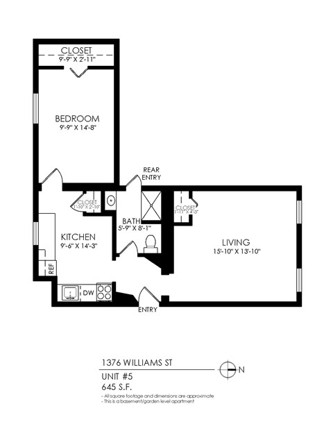 Floor plan for 1 bed, 1 bath, 690 sqft